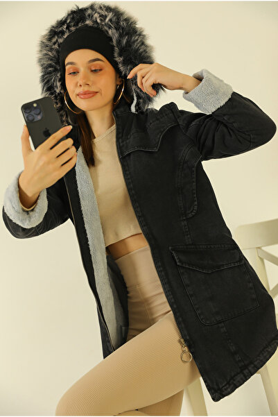 Tunicom İçi peluş kapşonlu kot mont