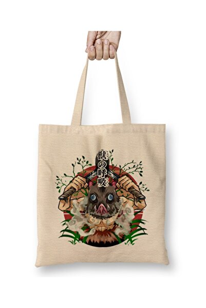 Toyaso Demon Slayer Beast Breath Inosuke White Cloth Bag Long Handle Shopping Bag Beach Bag