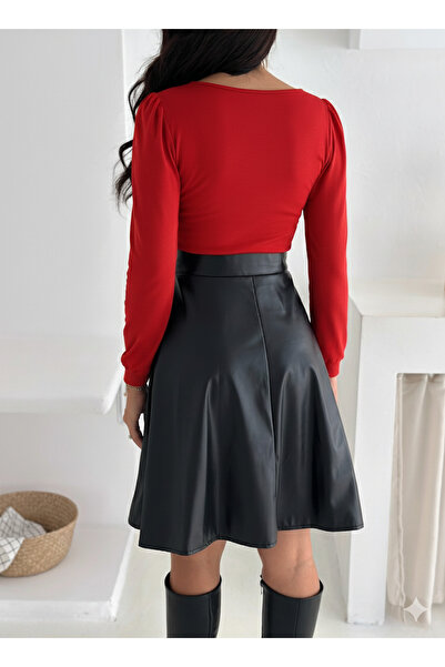 MaxiMor Women's Red Color Square Neck Long Sleeve Skirt Leather Kilos Dress