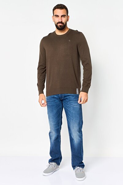 Calvin Klein Jeans Men Crew Neck Embraided Long Sleeve Sweatshirt, Dark Olive