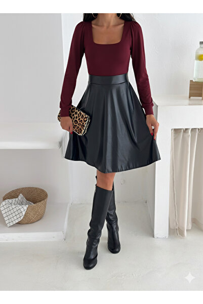 MaxiMor Women's Burgundy Color Square Neck Long Sleeve Skirt Leather Kilos Dress