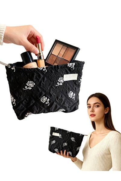 Generic حقيبة تخزين مكياج، مناسبة للسفر - تصميم وردة سوداء