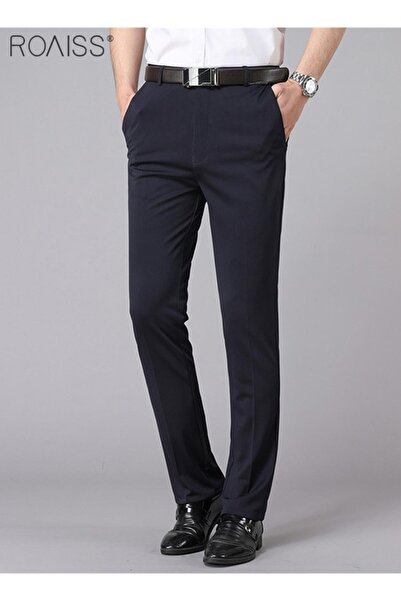 ROAISS Men's Fashion Casual Business Pants Summer Light Thin High Elastic Classic Navy Blue Suit Pants Skin