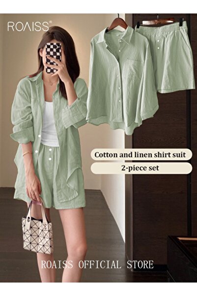 ROAISS Women's Summer Two Pieces Set Solid Color Lapel Cotton Linen Shirt High-Waisted Shorts Set 2 Piece L