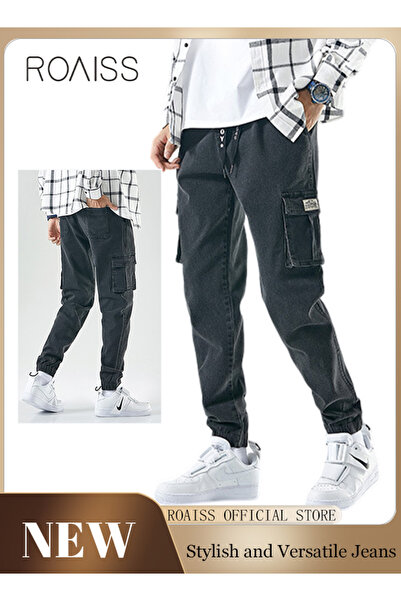 ROAISS Men's Cargo Pants Casual Pants Loose Fit Jeans Ankle-Tied with Elastic Drawstring Suitable for Vario