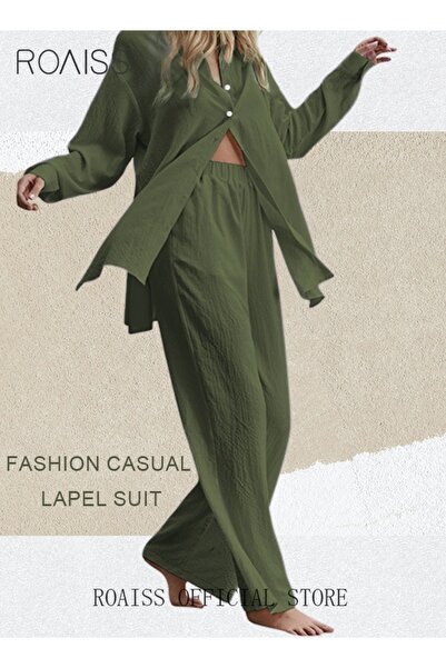 ROAISS Ladies 2 Piece Set New Trend Fashion Classic Solid Color Cotton Linen Shirt Suit Summer Spring Plus