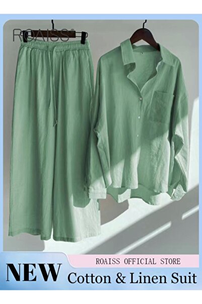 ROAISS Ladies 2 Piece Set New Trend Fashion Cotton Linen Shirt Suit Loose Pants Summer Spring Clothes for W