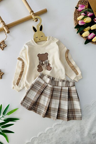 Minigimin Cicileri My Little One's Plaid Baby Girl Set with Teddy Bear Detail - Brown