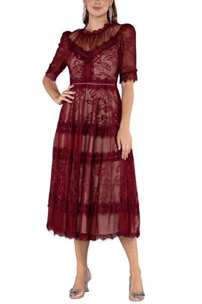 Arden Short Evening Dress, Burgundy Lace Midi A-Line Skirt, Short Sleeve Graduation Dress, Wedding, Engagement, 36-46