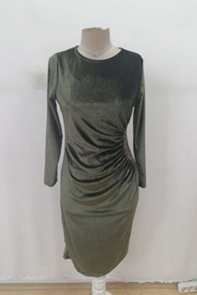 Mossta Μακρυμάνικο Φόρεμα Midi Velvet με Πέτρινη Λεπτομέρεια - Χακί