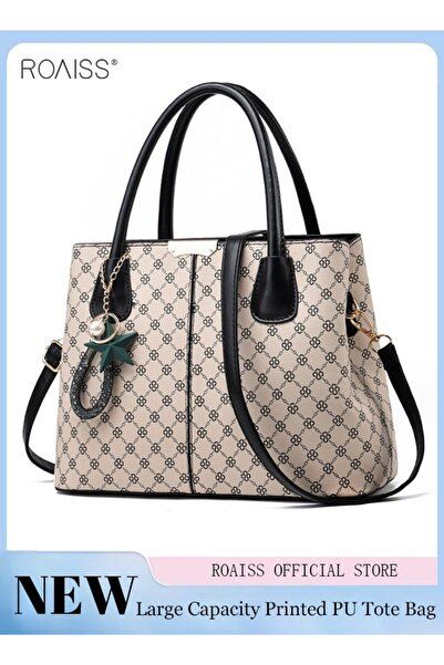 ROAISS Women's Printed Large Capacity Handbag Fashionable Retro Pu Leather Pa...