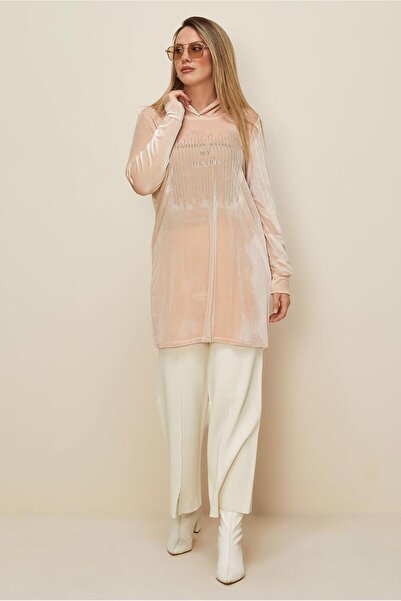 TRENDTESETTÜR Women's Pink (A.Somon) Velour Tracksuit with Stone Details Tunic t 43451