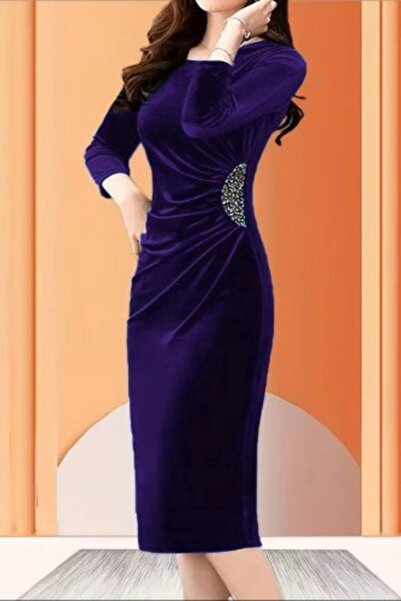 Mossta Long Sleeve Stone Detailed Midi Velvet Dress - Purple