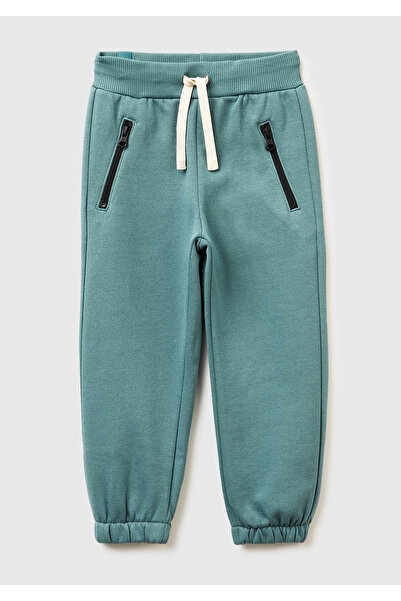 United Colors of Benetton Boy's Grey-Green Zipper Pocket Drawstring Ribbed Regular Fit Sweatpants