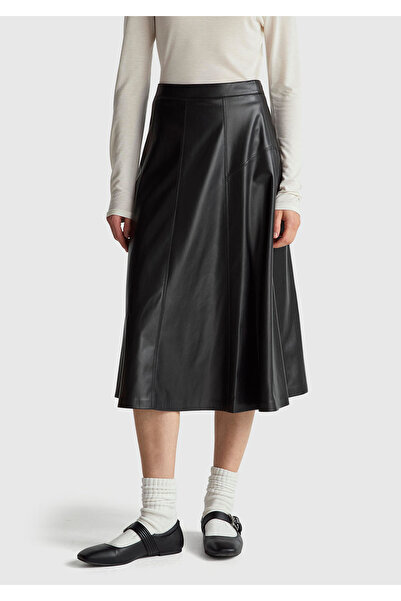 United Colors of Benetton Women's Black Slit Invisible Zipper Long Flared Skirt