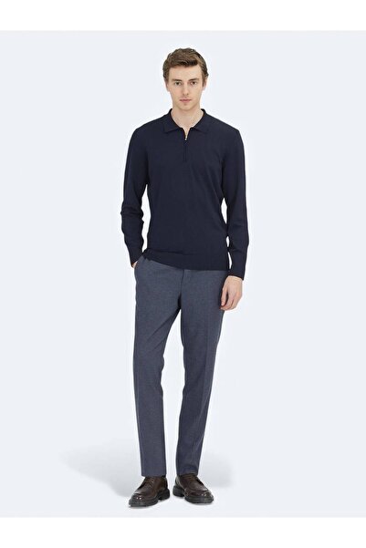 Kip Light Navy Blue Plain Woven Fitted Fit Classic Trousers