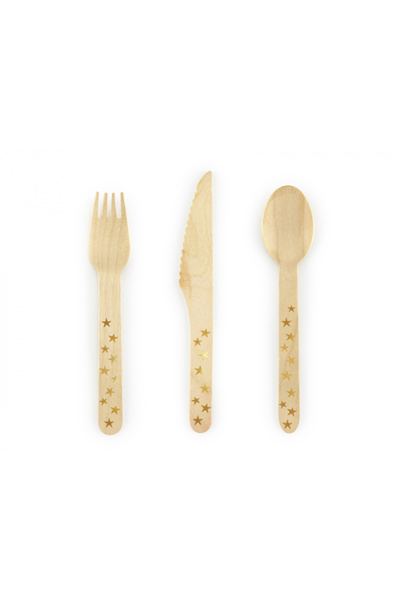 Partydeco Set of 18 Wooden Cutlery, Gold Stars - 16 cm