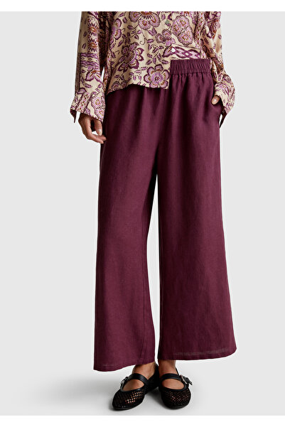 United Colors of Benetton Women's Plum 100% Linen Elastic Waist Loose Short Leg Trousers