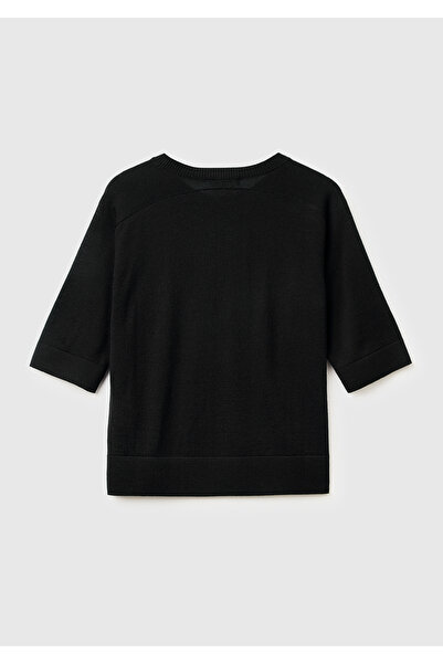 United Colors of Benetton Pulover cu mânecă scurtă B guler rotund pentru femei, negru, 100% lână