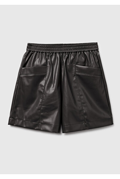 United Colors of Benetton Women's Black Leather-Look Pocket Detailed Elastic Waist Bermuda Shorts