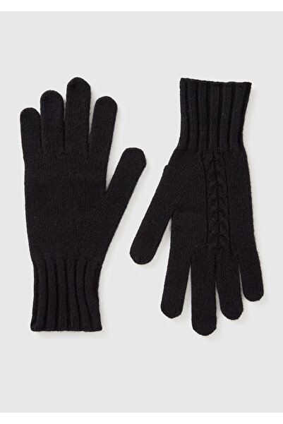 United Colors of Benetton Women's Black Wool Blend Ribbed Knit Gloves