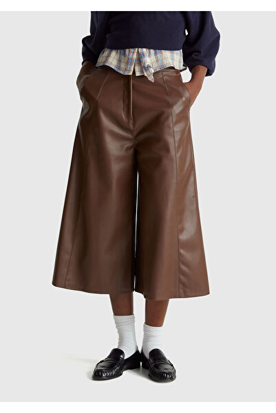 United Colors of Benetton Women's Faux Leather Wide Leg 3/4 Length Pants