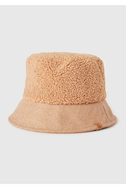 United Colors of Benetton Women's Tan Cotton Blend Logo Detailed Faux Fur Bucket Hat
