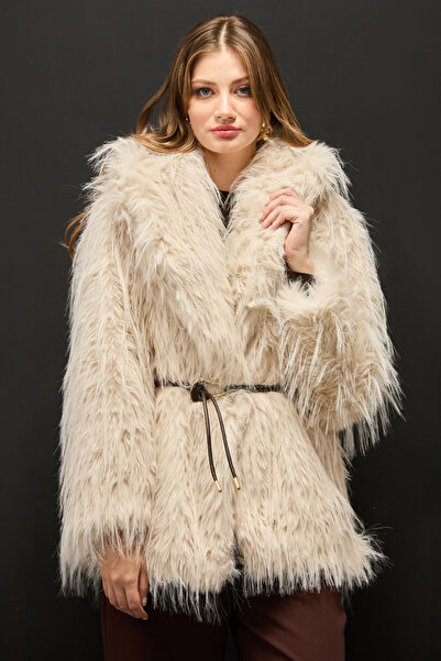 Fulla Moda Faux Fur Jacket with Belt Detail