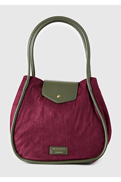 United Colors of Benetton Women's Plum Faux Leather Detailed Drawstring Velvet Tote Bag