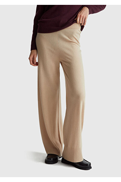 United Colors of Benetton Women's Beige Wool and Cashmere Blend Ribbed Detailed Knitwear Trousers