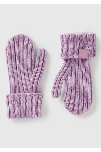 United Colors of Benetton Boy's lilac wool and viscose blend ribbed gloves with logo label
