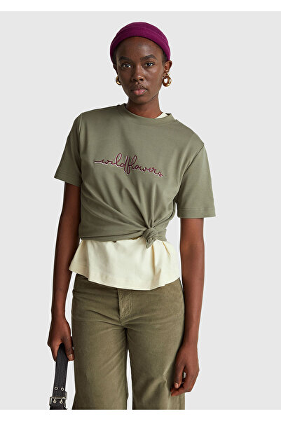 United Colors of Benetton Women's khaki 100% cotton front floral embroidered crew neck t-shirt