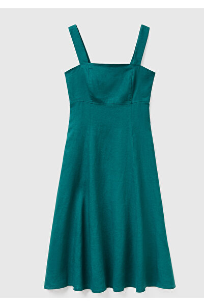 United Colors of Benetton Women's Dark Green 100% Linen Flared Fit Wide Strap Zipper Closure Midi Dress