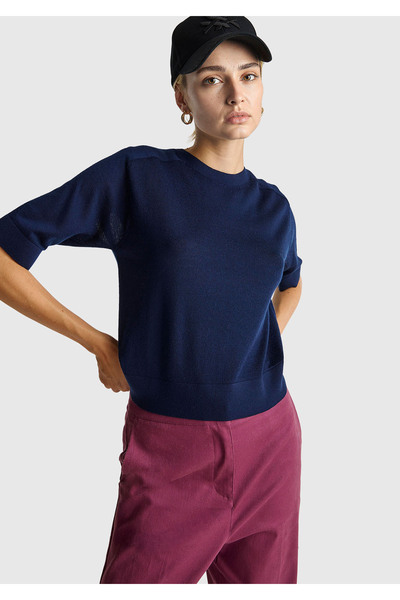 United Colors of Benetton Women's Navy Blue 100% Wool Crew Neck Short Sleeve Sweater