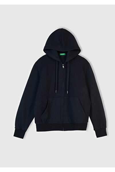 United Colors of Benetton Men's Navy Blue Cotton and Wool Blend Zippered Hooded Sweatshirt with Pockets