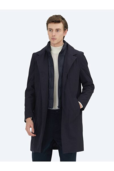 Kip Navy Blue Regular Fit Double-Breasted Collar Casual Woven Overcoat