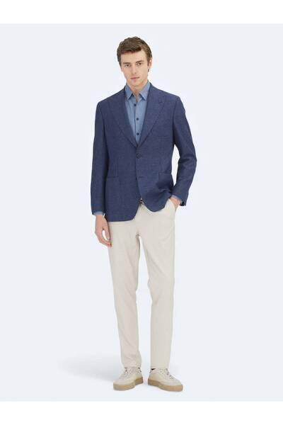 Kip Navy Blue Patterned Comfort Fit Wool Blend Jacket