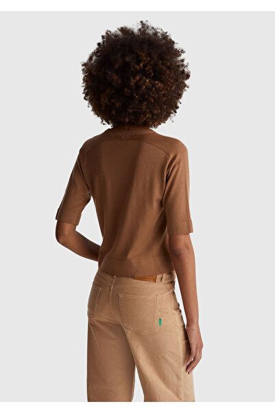 United Colors of Benetton Women's Tan 100% Wool Crew Neck Short Sleeve Sweater