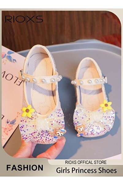 RIOXS Girls Princess Shoes Mary Jane Dance Flats Low Heel Soft Sole Shoes With Bowknot