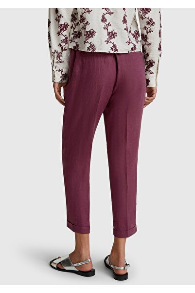 United Colors of Benetton Women's Plum 100% Linen Elastic Waist Detailed Curled Leg Trousers