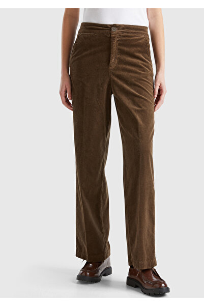 United Colors of Benetton Women's Dark Brown Cotton Blend Wide Leg Velvet Tro...