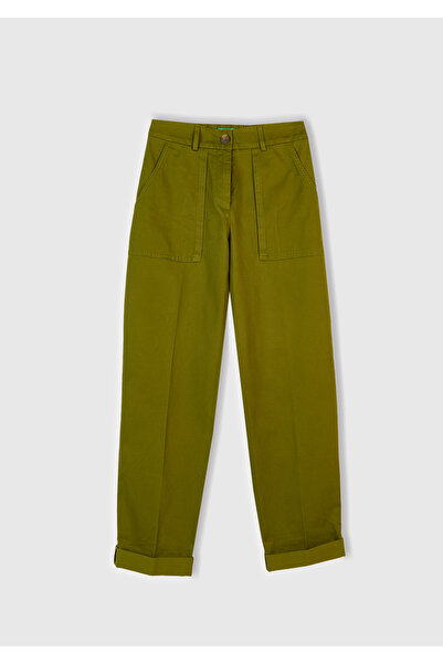 United Colors of Benetton Women's Khaki Green Cotton Blend Trousers with Front Stitching Detail and Curled Legs