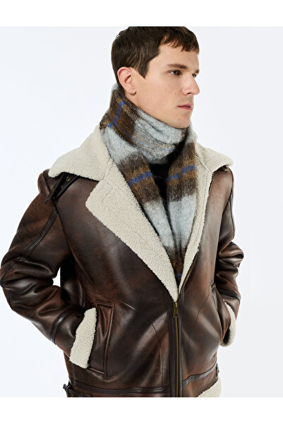 Koton Χειμερινό μπουφάν από συνθετικό δέρμα με βελούδινο γιακά με μακρύ μανίκι και λεπτομέρεια τσέπης με φερμουάρ