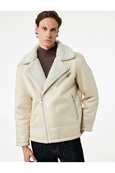 Koton Slim Fit Plush Collar Winter Faux Leather Jacket with Zipper Pocket Detail