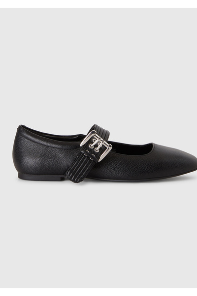 United Colors of Benetton Women's Black Faux Leather Ballerinas with Buckle Detail
