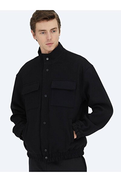 Kip Μαύρο Comfort Fit ψηλός λαιμός Casual υφαντό παλτό