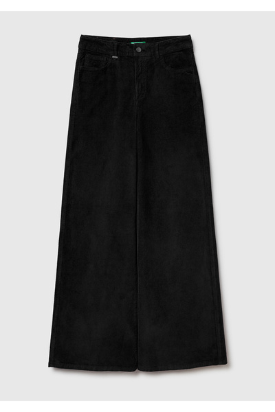 United Colors of Benetton Women's black cotton blend wide leg velvet trousers with logo label on the back