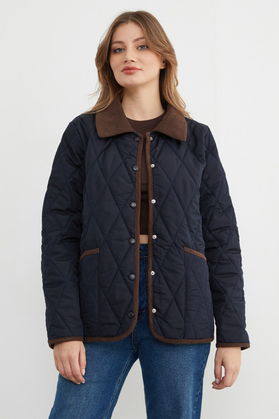 Fulla Moda Velvet Detailed Polo Collar Quilted Coat