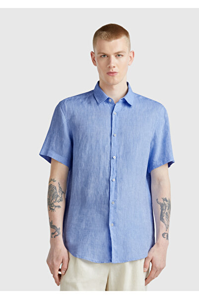 United Colors of Benetton Men's Blue 100% Linen Regular Fit Short Sleeve Shirt