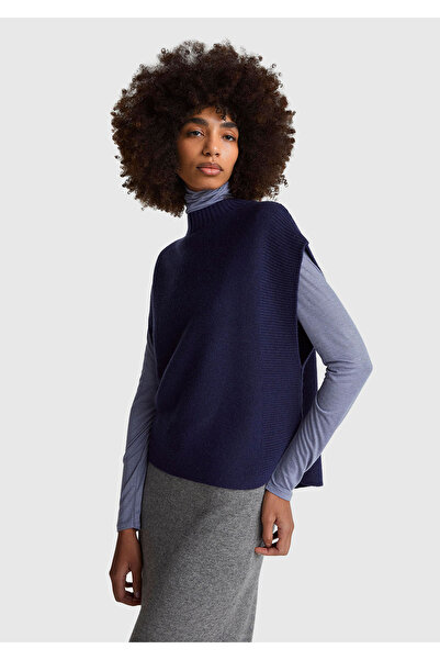 United Colors of Benetton Women's Navy Blue Wool Blend Rib Detailed Slit Sleeveless Sweater